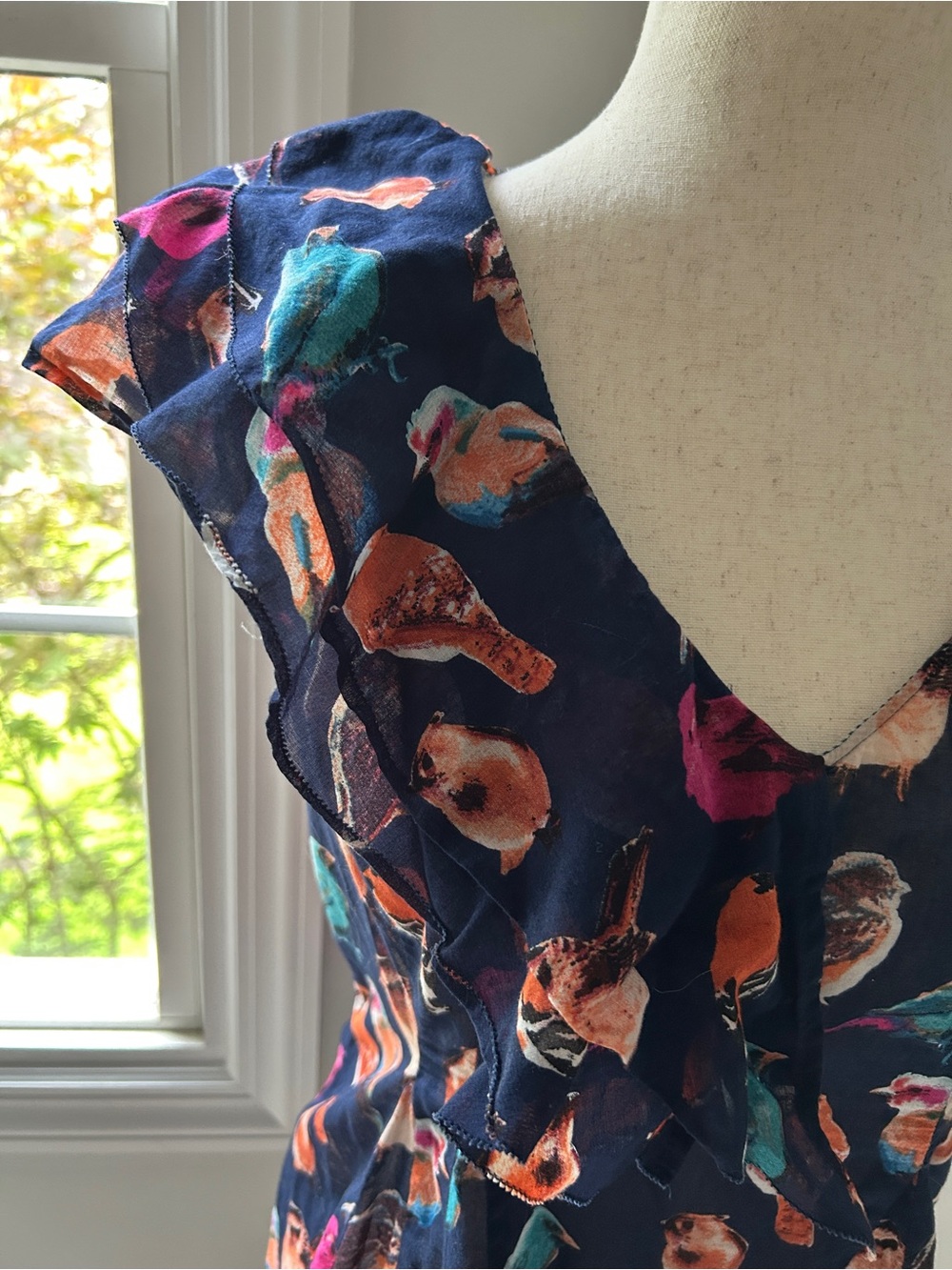 Meadow Rue Navy Bird-Print Flutter Sleeve V-Neck Blouse